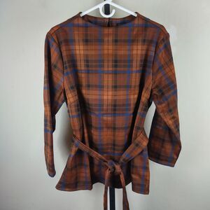 Ann Taylor Long Sleeve Belted Blouse brown blue red plaid